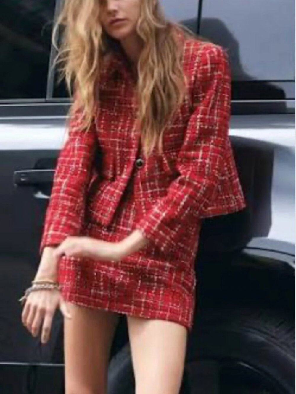 ZARA Red & Ecru Plaid Tweed Matching Blazer and Skirt Set (Size XS)
